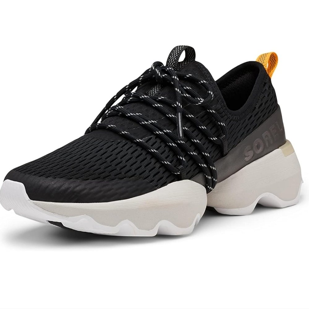Sorel Black and White Women's Knit Sneakers with Yellow Heel Tab
